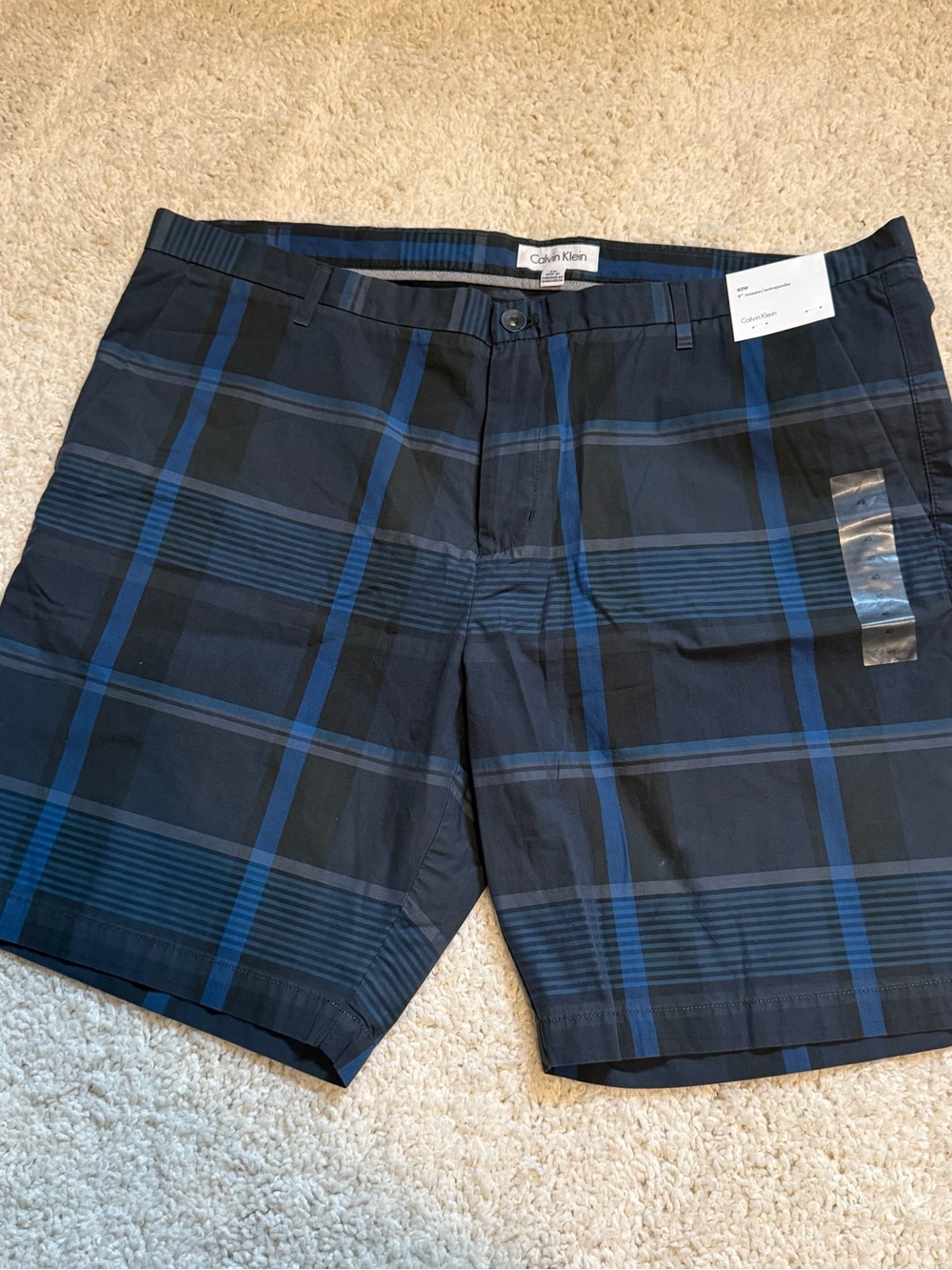 Calvin Klein Men’s Black and Blue Plaid Flat-Front Shorts